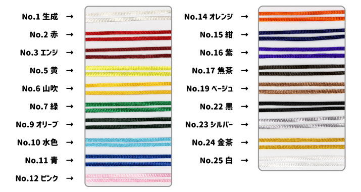 No1:生成 / No2:赤 / No3:エンジ / No5:黄 / No6:山吹 / No7:緑 / No9:オリーブ / No10:水色 / No10:青 / No11:ピンク / No14:オレンジ / No15:紺 / No16:紫 / No17:焦茶 / No:19ベージュ / No22:黒 / No23:シルバー / No24:金茶 / No25:白